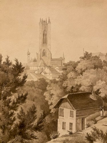 Peinture Dessin XIXe 1850 Encre Lavis Eglise Cathédrale Fribourg Ancien Suisse