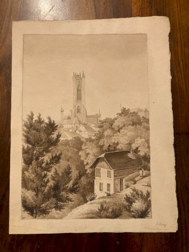 Peinture Dessin XIXe 1850 Encre Lavis Eglise Cathédrale Fribourg Ancien Suisse