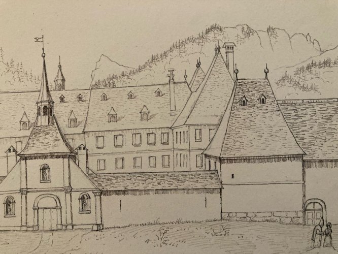 Peinture Dessin XIXe 1850 Encre Lavis Eglise La Grande Chartreuse Monastère Art