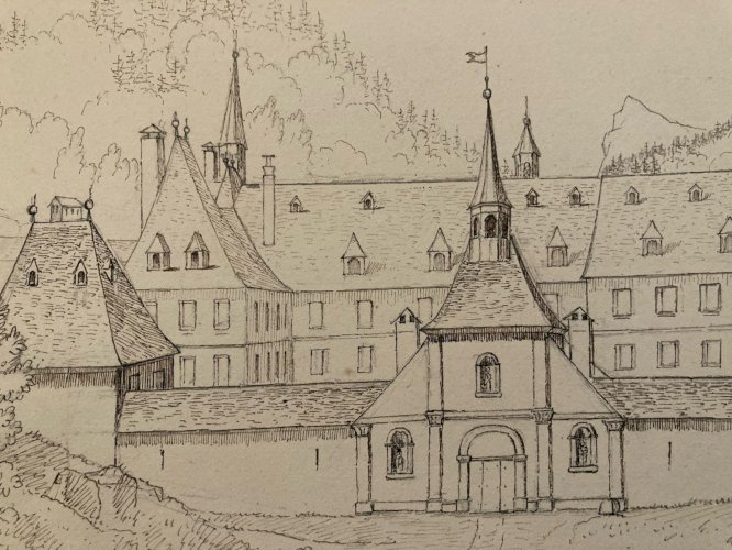 Peinture Dessin XIXe 1850 Encre Lavis Eglise La Grande Chartreuse Monastère Art