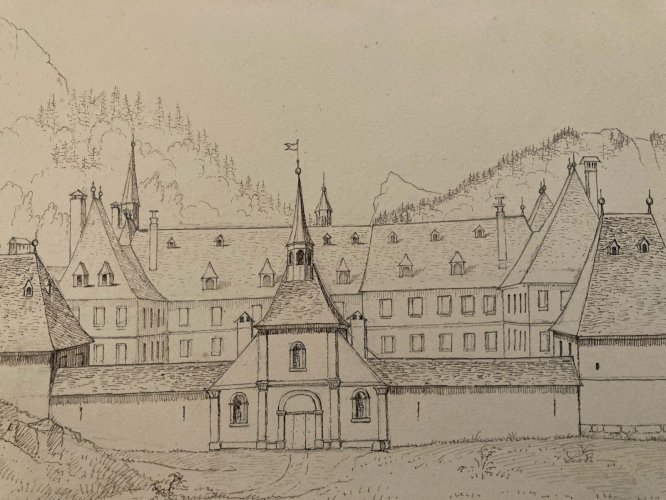 Peinture Dessin XIXe 1850 Encre Lavis Eglise La Grande Chartreuse Monastère Art