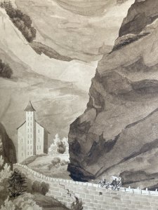 Peinture Dessin XIXe 1850 Route De Simplon Tour Stockalper à Gondo Suisse Ancien