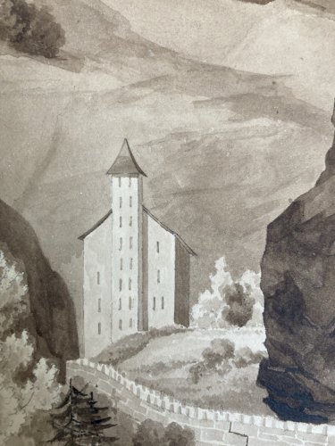 Peinture Dessin XIXe 1850 Route De Simplon Tour Stockalper à Gondo Suisse Ancien