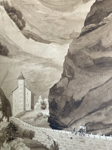 Peinture Dessin XIXe 1850 Route De Simplon Tour Stockalper à Gondo Suisse Ancien