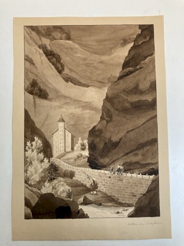 Peinture Dessin XIXe 1850 Route De Simplon Tour Stockalper à Gondo Suisse Ancien