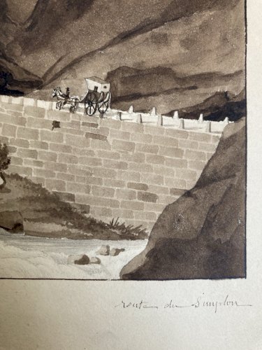 Peinture Dessin XIXe 1850 Route De Simplon Tour Stockalper à Gondo Suisse Ancien