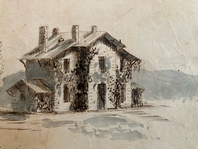 Peinture Encre Aquarelle Papier Saint Sulpice XIXe Ancien Painting Old 1850 Art