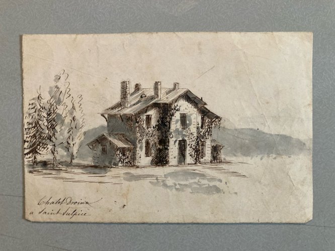 Peinture Encre Aquarelle Papier Saint Sulpice XIXe Ancien Painting Old 1850 Art