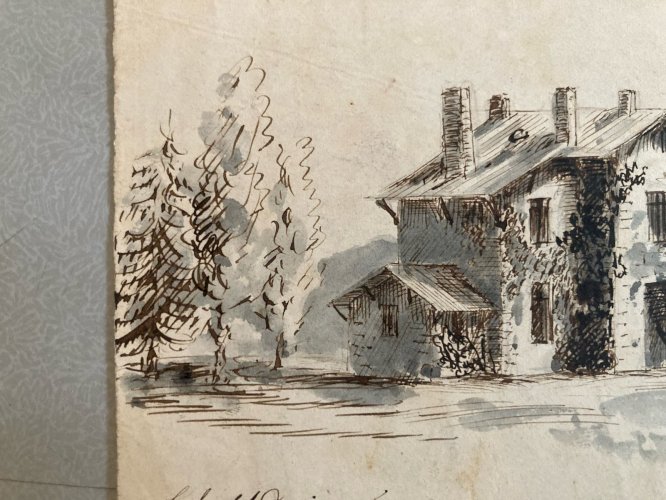 Peinture Encre Aquarelle Papier Saint Sulpice XIXe Ancien Painting Old 1850 Art