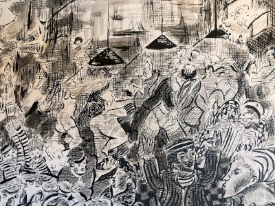 ￼ Peinture Encre Scène De Taverne Bar Chine Asie A Identifier Art 1980 XXe