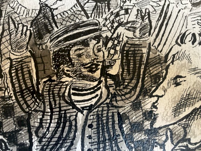 ￼ Peinture Encre Scène De Taverne Bar Chine Asie A Identifier Art 1980 XXe