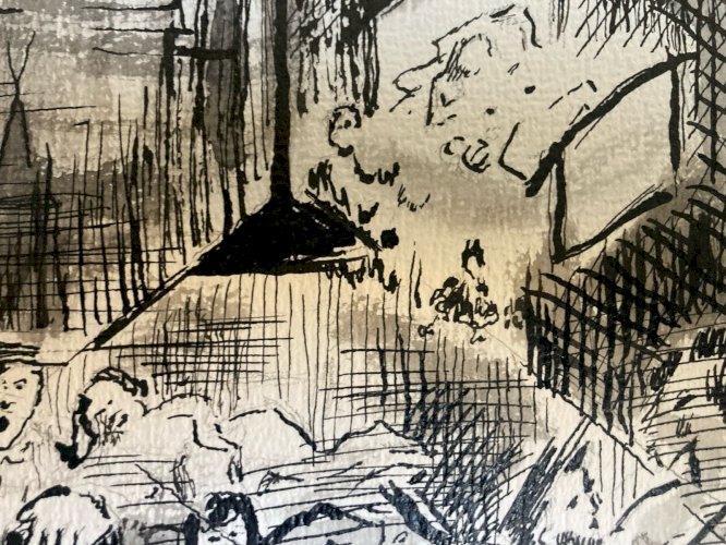 ￼ Peinture Encre Scène De Taverne Bar Chine Asie A Identifier Art 1980 XXe