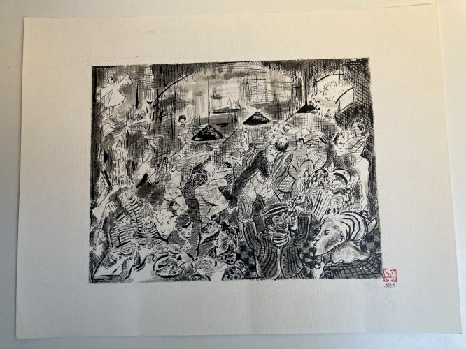 ￼ Peinture Encre Scène De Taverne Bar Chine Asie A Identifier Art 1980 XXe