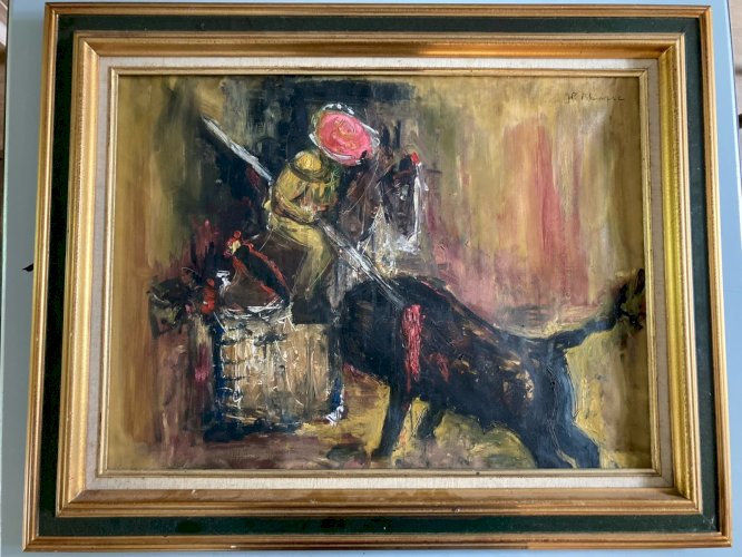 Peinture Expressionniste corrida, cheval, taureau, Huile  1960 Art À Identifier