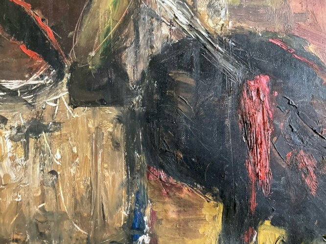 Peinture Expressionniste corrida, cheval, taureau, Huile  1960 Art À Identifier