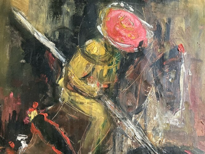 Peinture Expressionniste corrida, cheval, taureau, Huile  1960 Art À Identifier