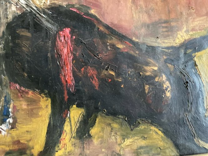 Peinture Expressionniste corrida, cheval, taureau, Huile  1960 Art À Identifier