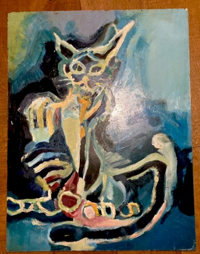 Peinture fauve Huile sur panneau Chat Animal 1970 Art Expressionnisme