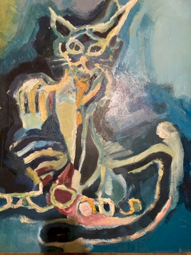 Peinture fauve Huile sur panneau Chat Animal 1970 Art Expressionnisme