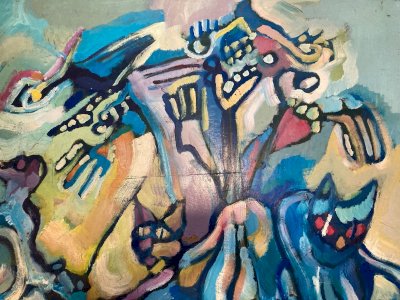 Peinture fauve Huile sur panneau Chat Animal 1970 Expressionnisme Art