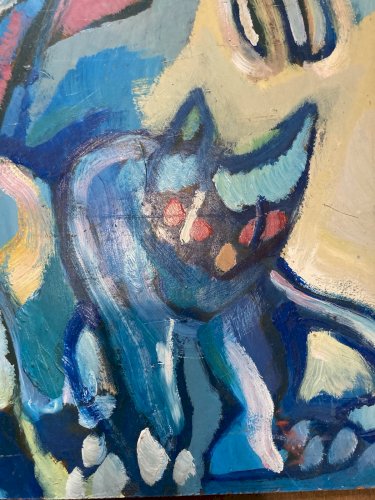 Peinture fauve Huile sur panneau Chat Animal 1970 Expressionnisme Art