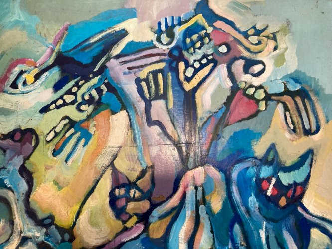 Peinture fauve Huile sur panneau Chat Animal 1970 Expressionnisme Art