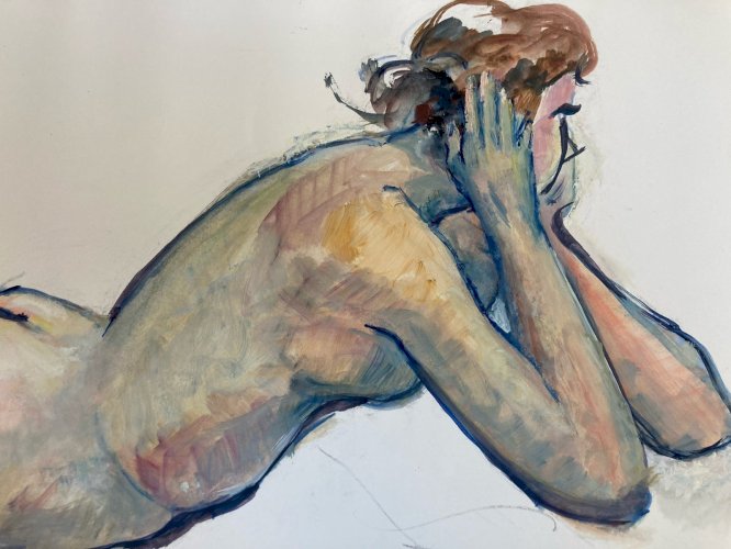 Peinture Femme Art Gouache 1970  Corps Erotique A Identifier Nu Nue