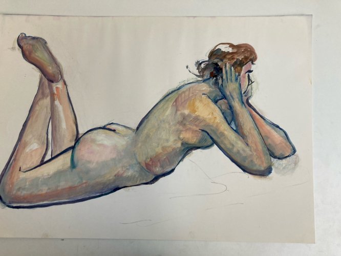 Peinture Femme Art Gouache 1970  Corps Erotique A Identifier Nu Nue