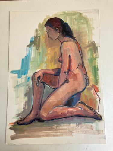 Peinture Femme Art Gouache 1970  Corps Erotique A Identifier Nue Nu