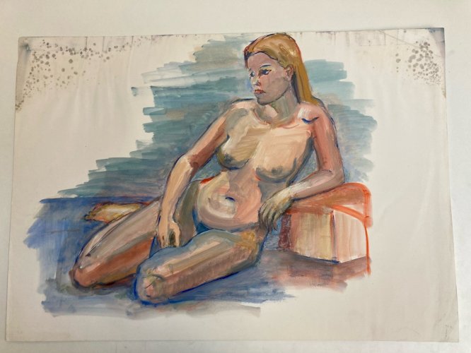 Peinture Femme Art Gouache 1970  Corps Nu Nue Erotique A Identifier