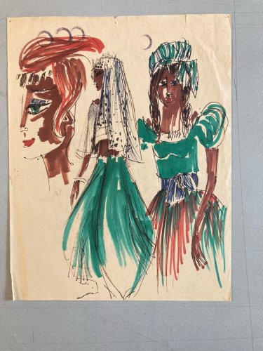 Peinture Feutre Papier Portrait Tête Buste Femme 1960 A Identifier Art XXe