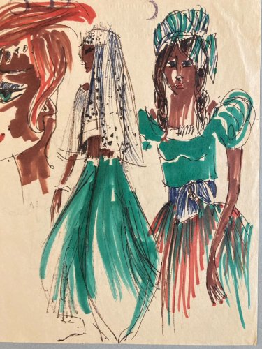 Peinture Feutre Papier Portrait Tête Buste Femme 1960 A Identifier Art XXe