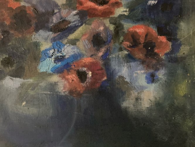 Peinture Fleurs Bouquet 1940 Huile Carton Nature Morte Art Anémone
