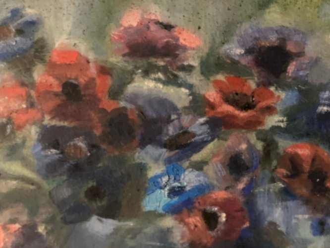 Peinture Fleurs Bouquet 1940 Huile Carton Nature Morte Art Anémone