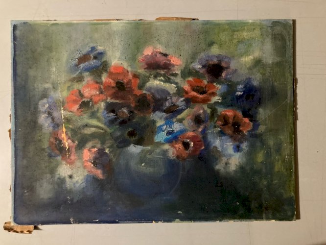Peinture Fleurs Bouquet 1940 Huile Carton Nature Morte Art Anémone