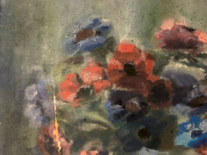 Peinture Fleurs Bouquet 1940 Huile Carton Nature Morte Art Anémone