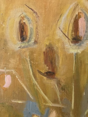 Peinture Fleurs Bouquet 1960 Huile Panneau Nature Morte Chardons Fleur Art