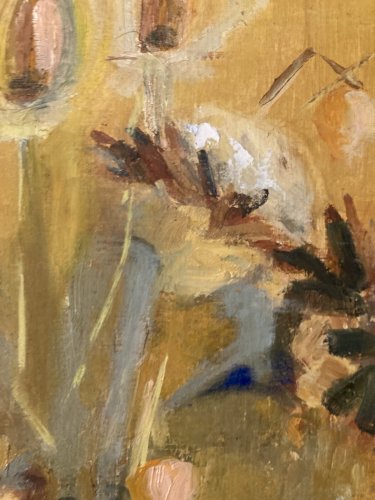 Peinture Fleurs Bouquet 1960 Huile Panneau Nature Morte Chardons Fleur Art