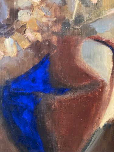 Peinture Fleurs Bouquet 1960 Huile Panneau Nature Morte Chardons Fleur Art