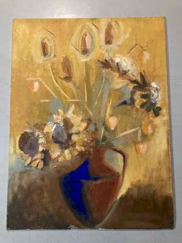 Peinture Fleurs Bouquet 1960 Huile Panneau Nature Morte Chardons Fleur Art