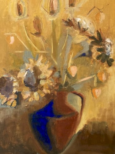 Peinture Fleurs Bouquet 1960 Huile Panneau Nature Morte Chardons Fleur Art