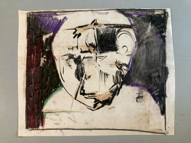 Peinture Fusain Papier Homme Expressionnisme 1980 Portrait Expressionniste Art