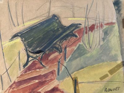 Peinture Gouache 1930 Banc Parc Cubisme Cubiste Elisabeth Ronget Ancien