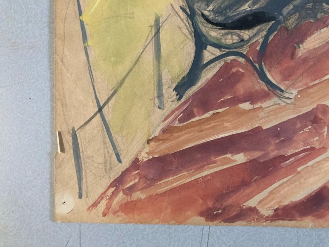 Peinture Gouache 1930 Banc Parc Cubisme Cubiste Elisabeth Ronget Ancien