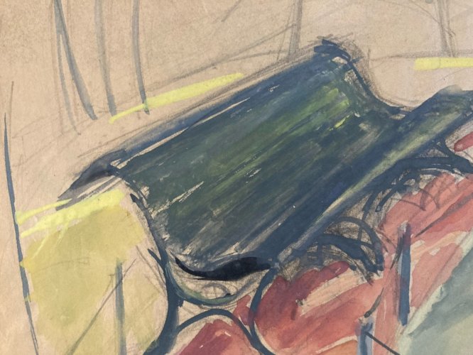 Peinture Gouache 1930 Banc Parc Cubisme Cubiste Elisabeth Ronget Ancien