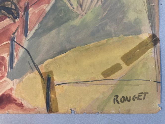 Peinture Gouache 1930 Banc Parc Cubisme Cubiste Elisabeth Ronget Ancien