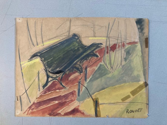 Peinture Gouache 1930 Banc Parc Cubisme Cubiste Elisabeth Ronget Ancien