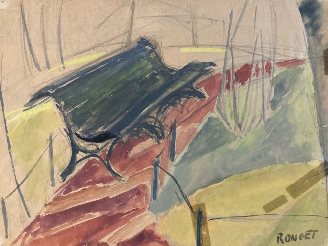 Peinture Gouache 1930 Banc Parc Cubisme Cubiste Elisabeth Ronget Ancien