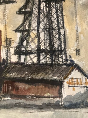 Peinture Gouache 1950 Art Chantier Naval Marseille Bateau Mer Ancien