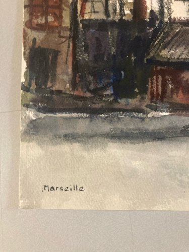 Peinture Gouache 1950 Art Chantier Naval Marseille Bateau Mer Ancien